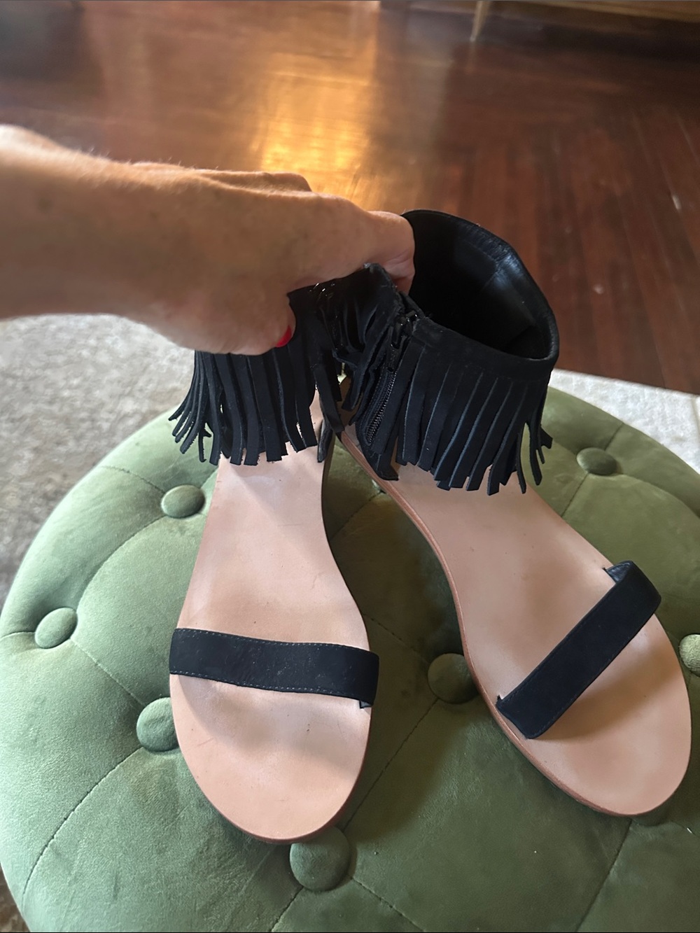 kate spade Black Fringe Ankle Strap Sandals